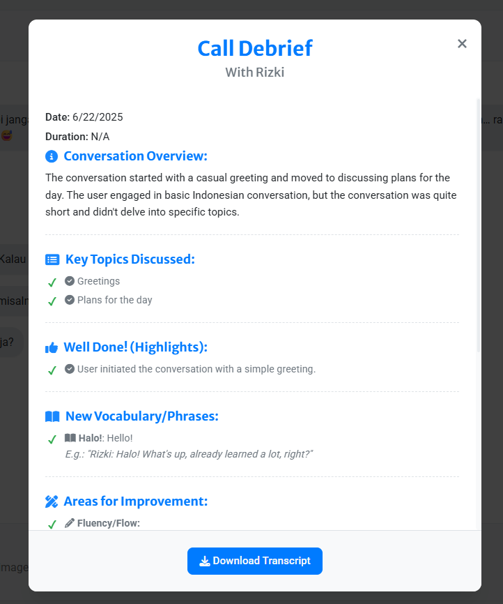 Screenshot of the session recap modal